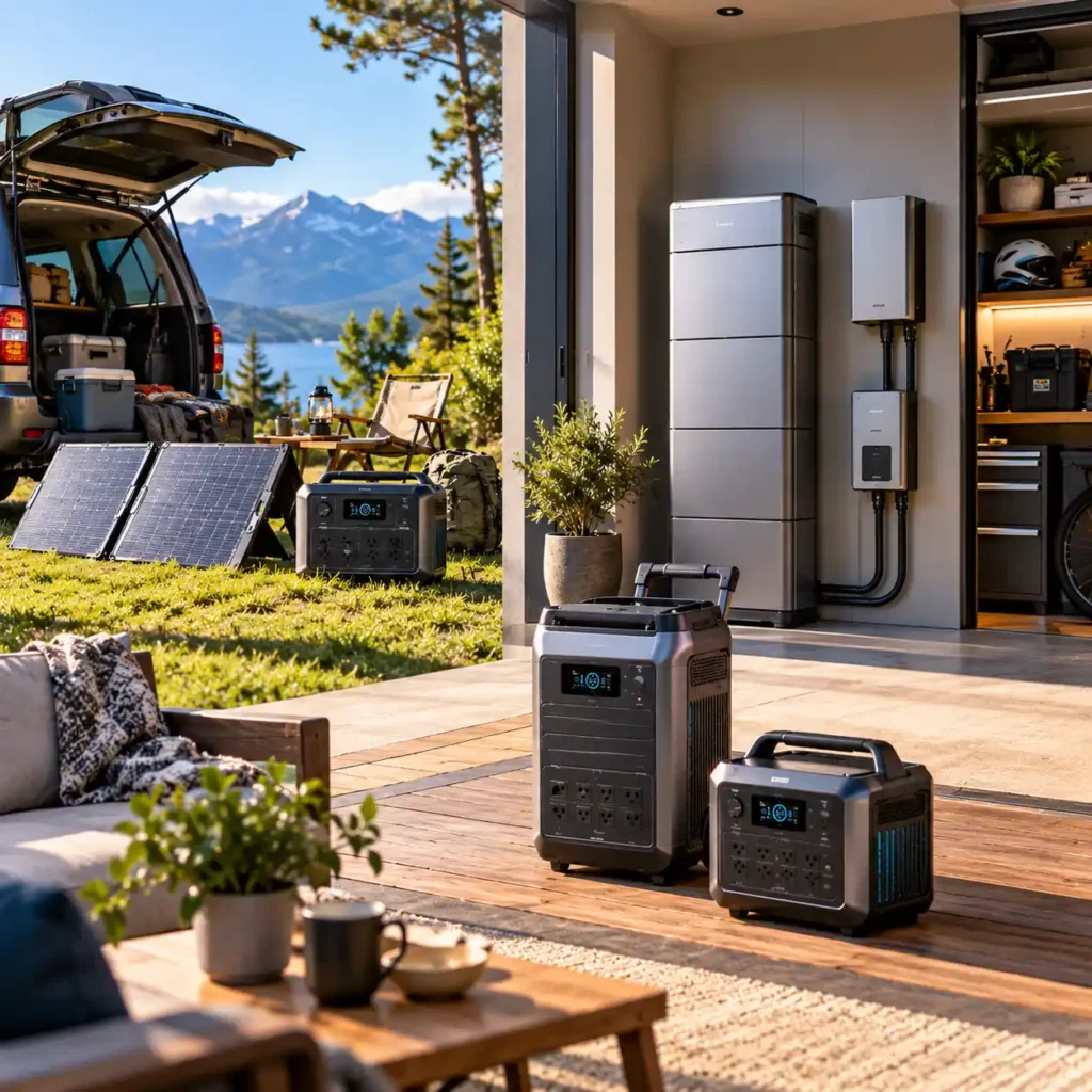 Different portable power stations, solar panels, and home energy storage systems arranged around a modern home