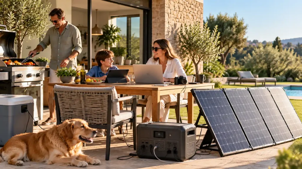 Family enjoying an outdoor patio with a portable power station and solar panels, while cooking, working, and relaxing by a pool