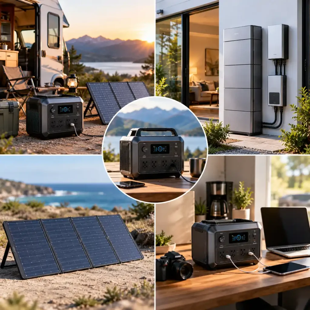 Portable power stations, solar panels, and home energy storage systems shown in different settings
