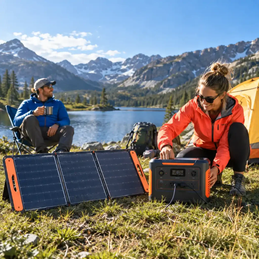 Jackery,People camping by a mountain lake with a portable power station and solar panels in a scenic outdoor setting