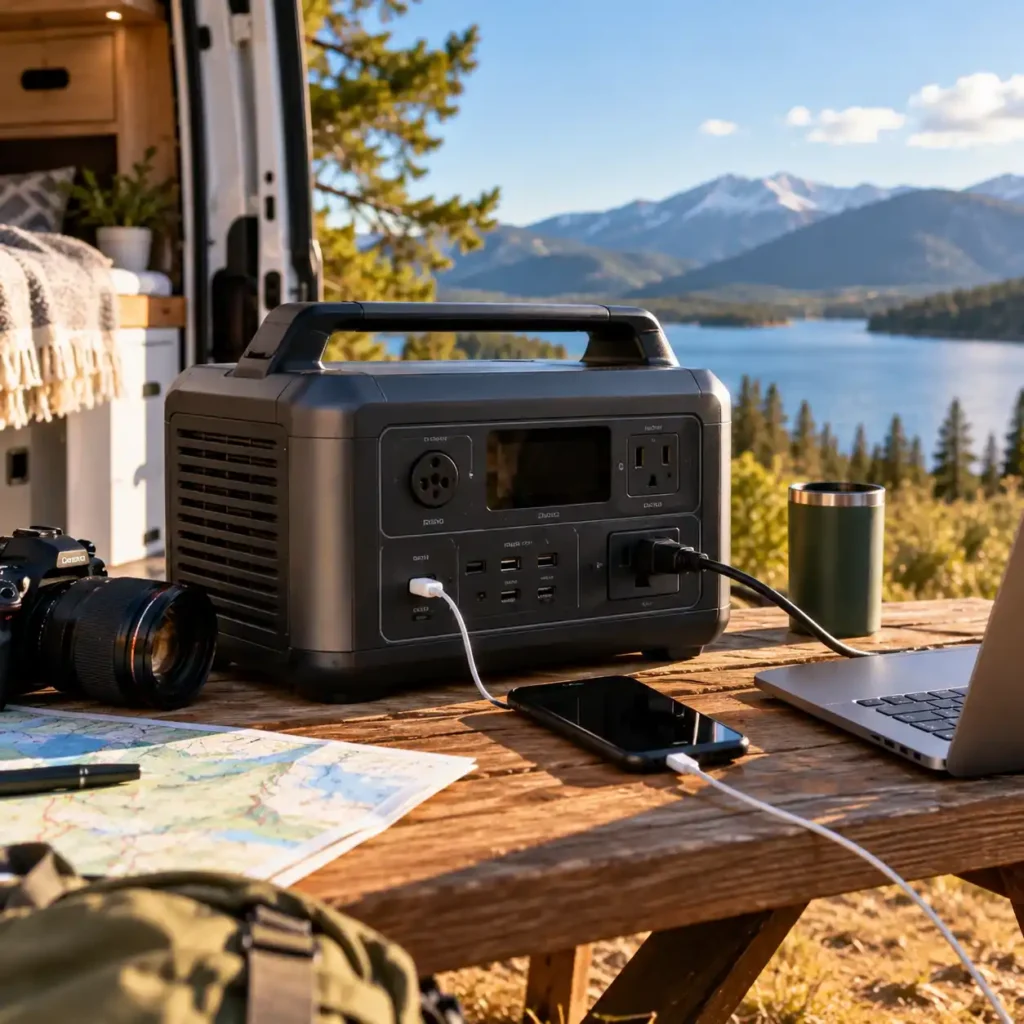 Portable power station connected to a laptop and smartphone at a sunny campsite