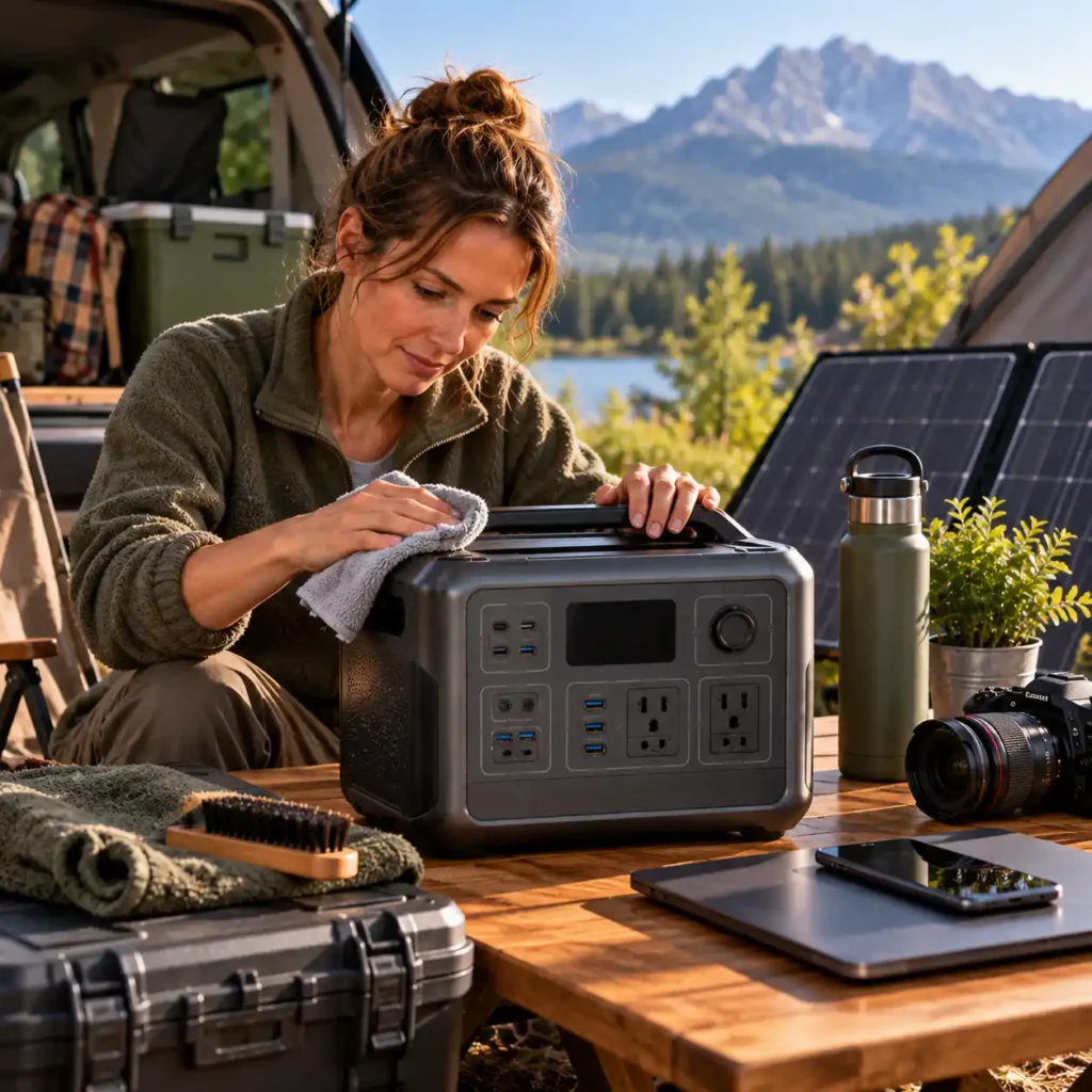 Portable power station being cleaned at an outdoor campsite beside solar panels and electronic equipment