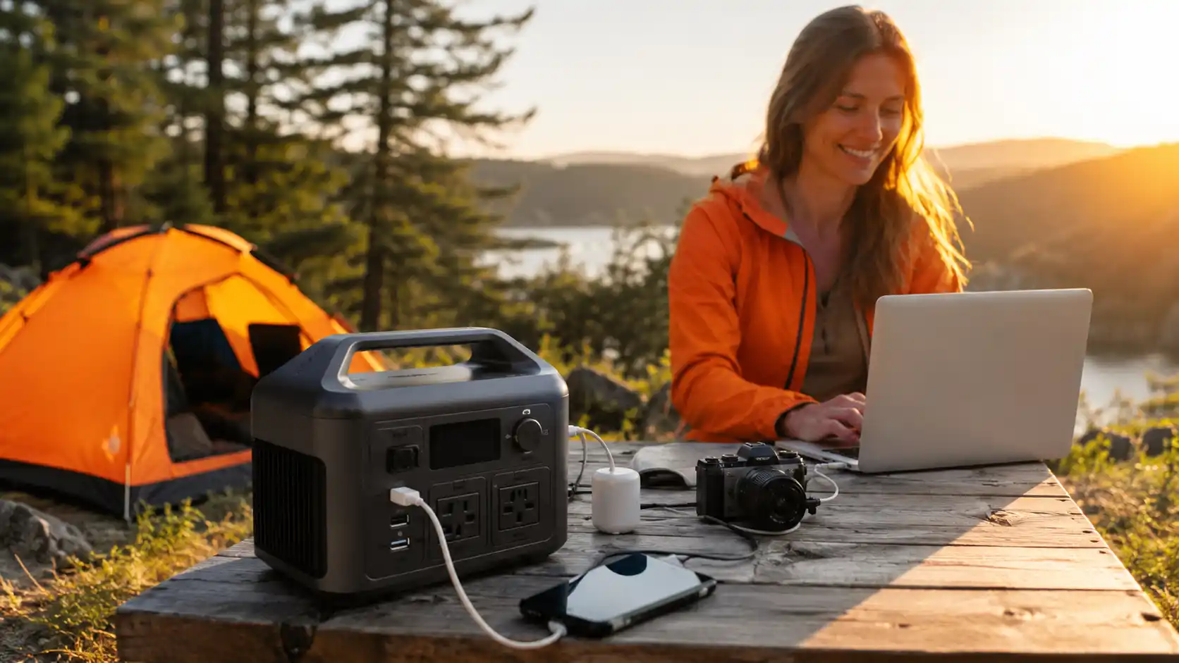 Portable power station powering a laptop and other devices at an outdoor campsite.