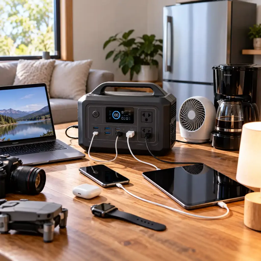 Portable power station powering multiple household and electronic devices