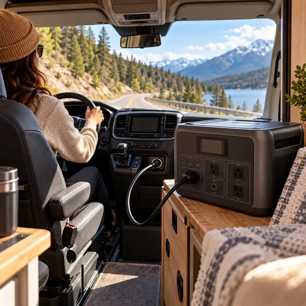 Portable power station connected to a camper van while driving on a mountain road