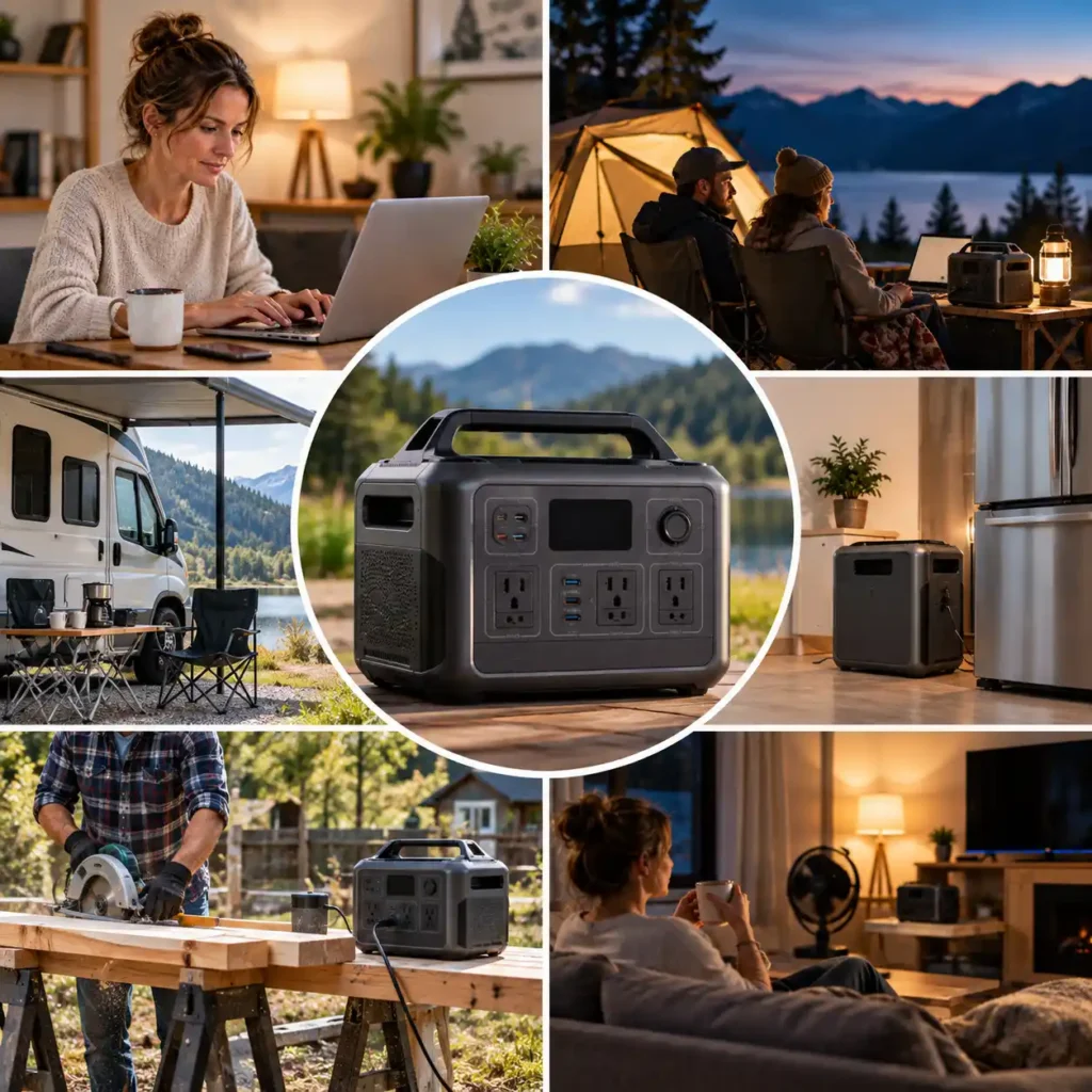 Portable power station shown in home backup, camping, RV, outdoor work, and everyday electronics scenarios
