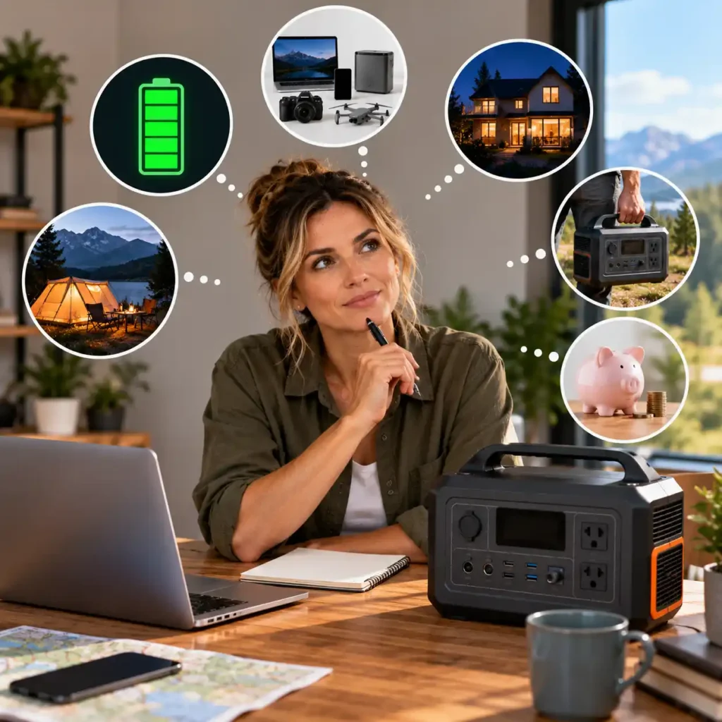 Portable power station with a laptop and visual use-case examples for selecting the right power solution