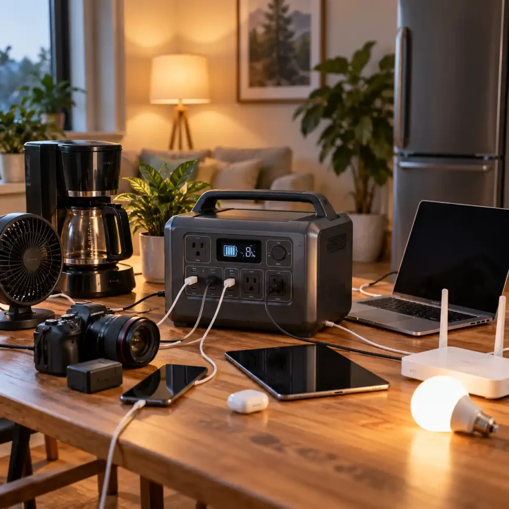 Portable power station powering a laptop, coffee maker, fan, camera, router, and other household electronics