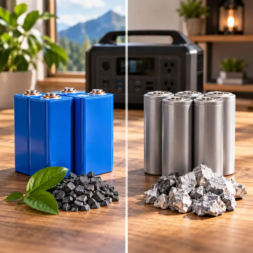 Portable power station with LiFePO4 and NMC battery cells shown side by side