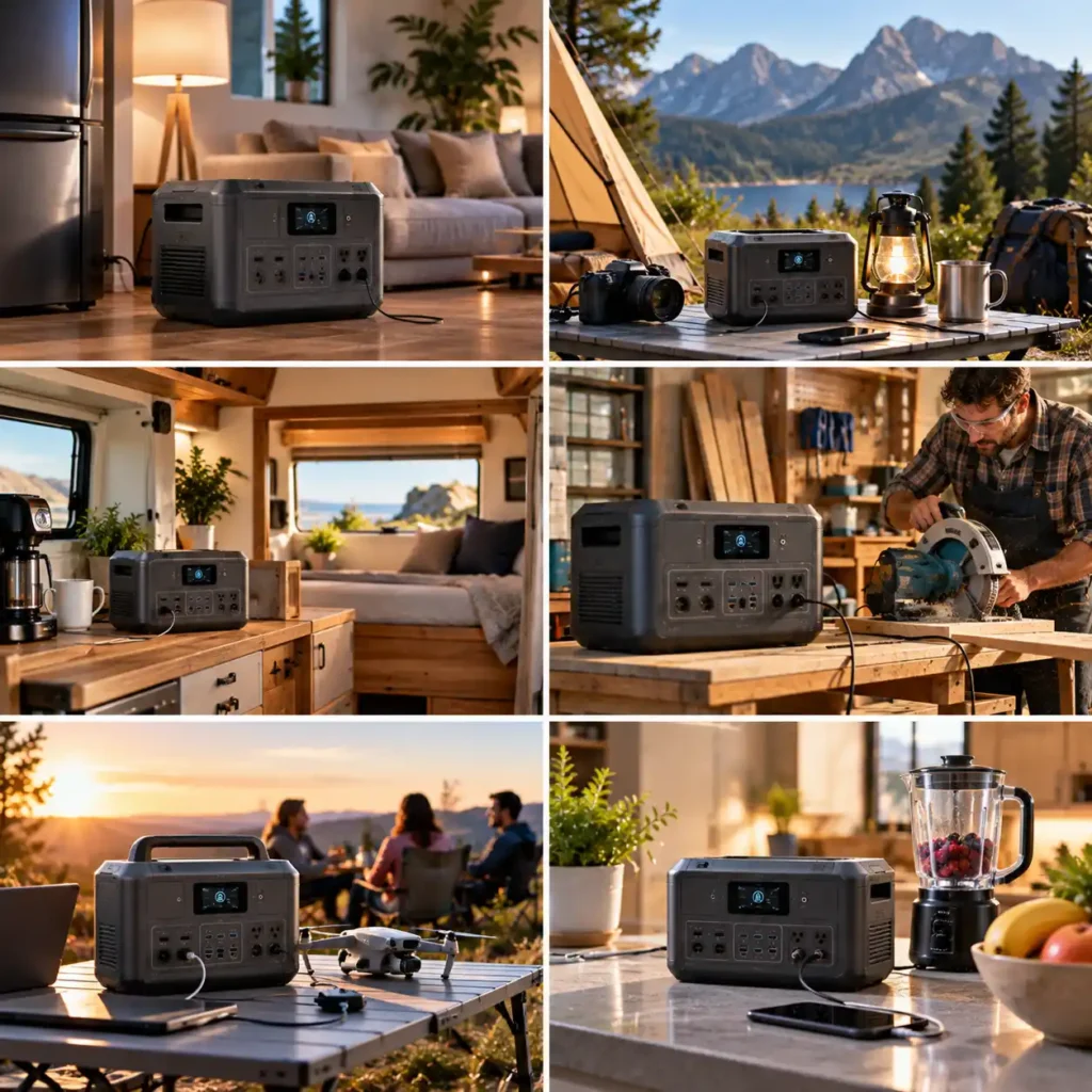 Portable power station used in a home, camper van, outdoor campsite, workshop, and kitchen