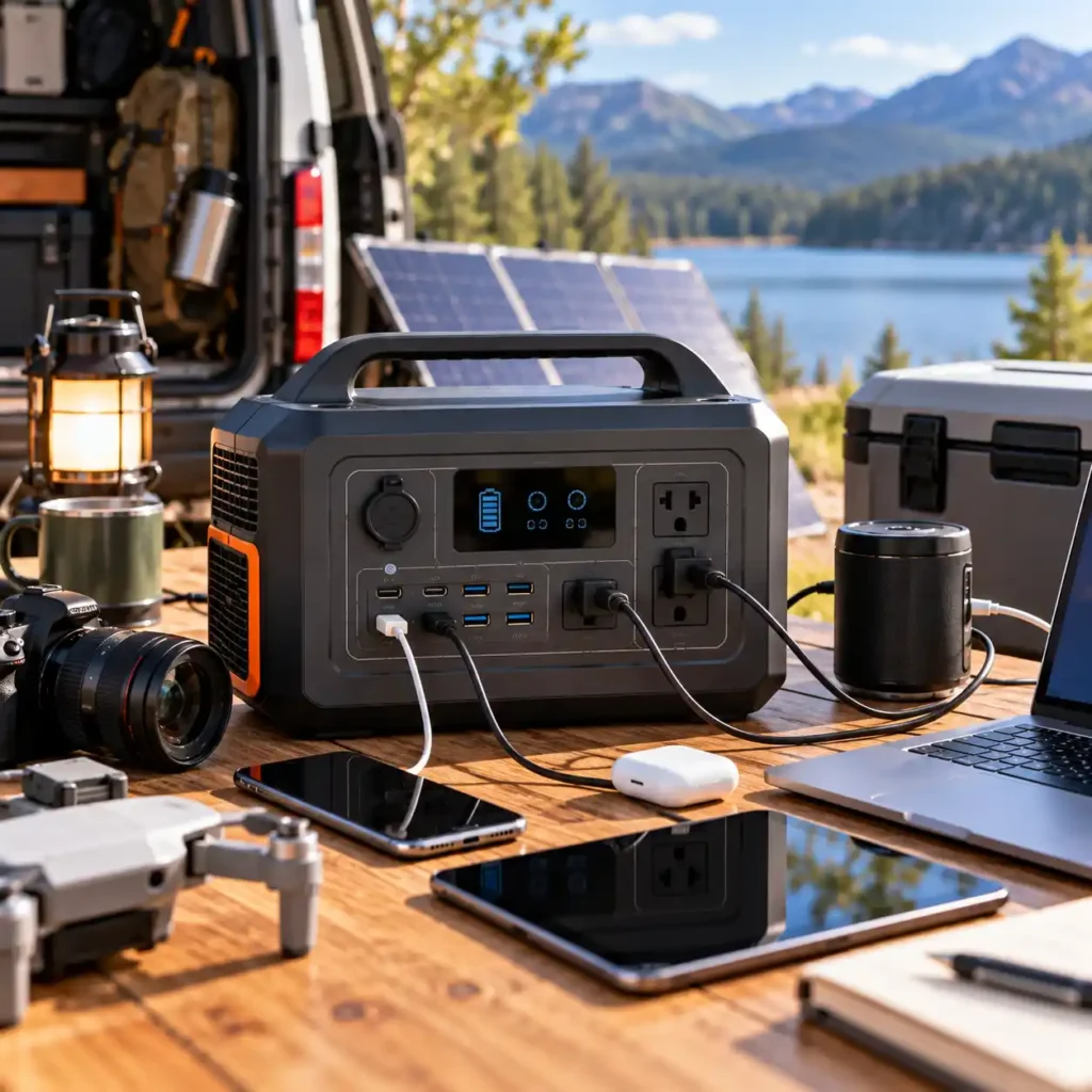 Portable power station with AC, USB, and DC ports powering multiple electronic devices outdoors
