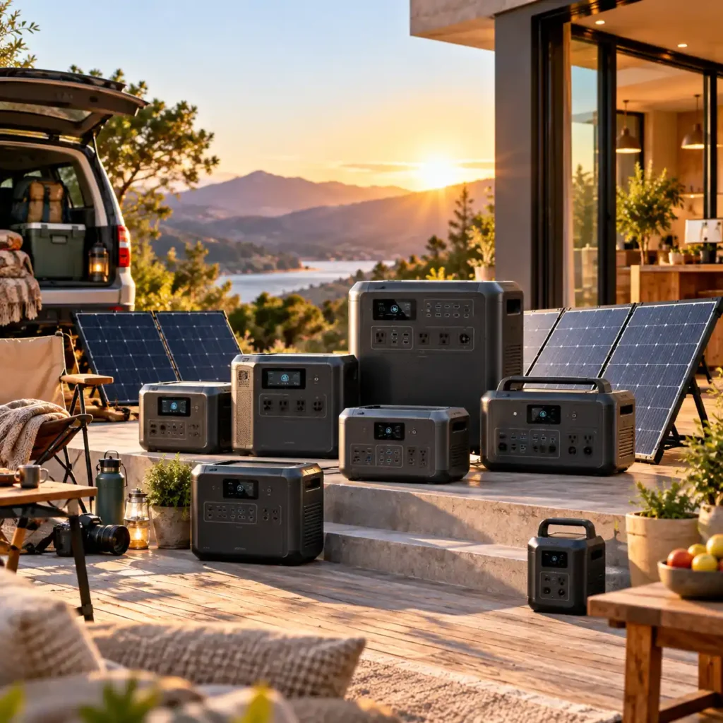 Range of portable power stations and solar panels arranged on a sunny outdoor deck