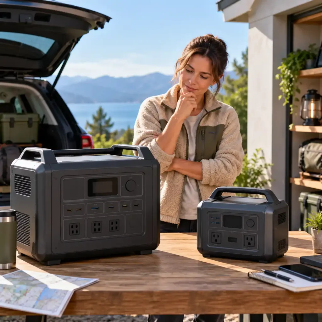 Two portable power stations of different sizes compared on an outdoor table