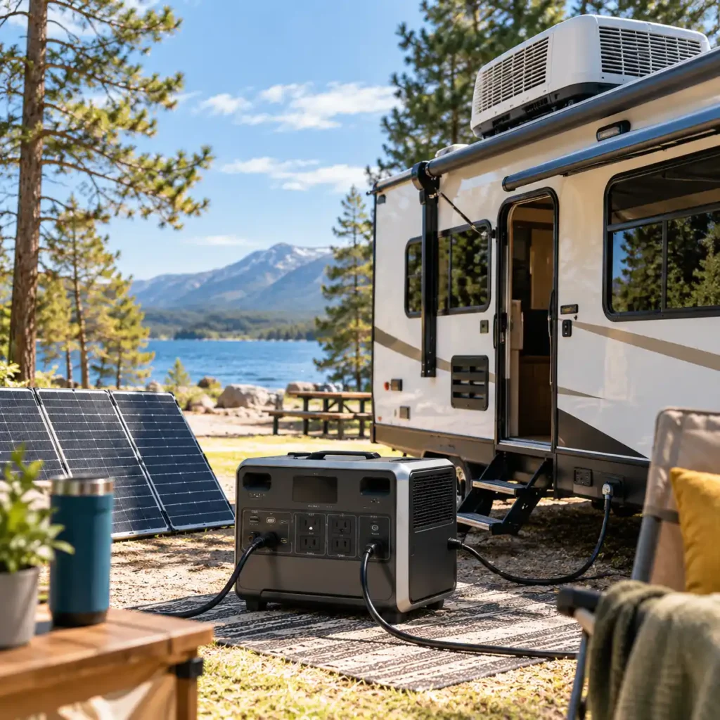 Portable power station connected to an RV with rooftop air conditioner and solar panels at a sunny lakeside campsite