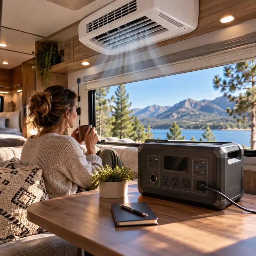 Woman sitting inside an RV beside a portable power station with the rooftop air conditioner running