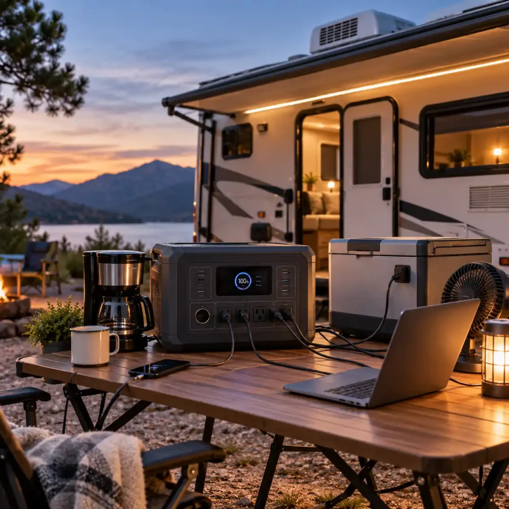 Portable power station connected to an RV with a coffee maker, cooler, fan, laptop, and phone at a lakeside campsite