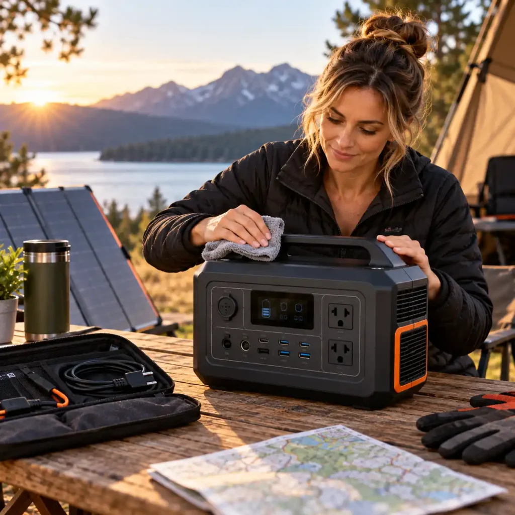 Portable power station being cleaned and maintained at an outdoor campsite