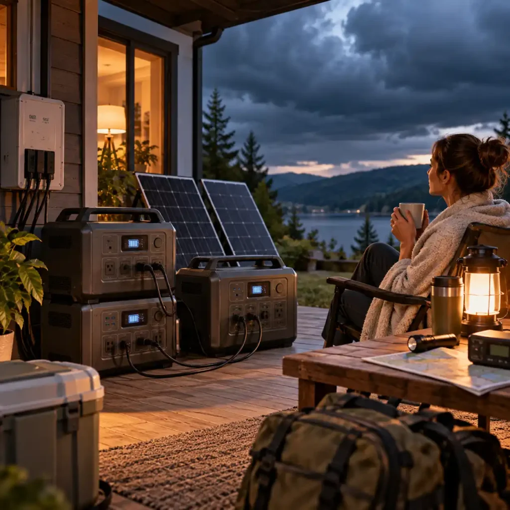 Multiple portable power stations connected to solar panels for extended backup power at a cabin