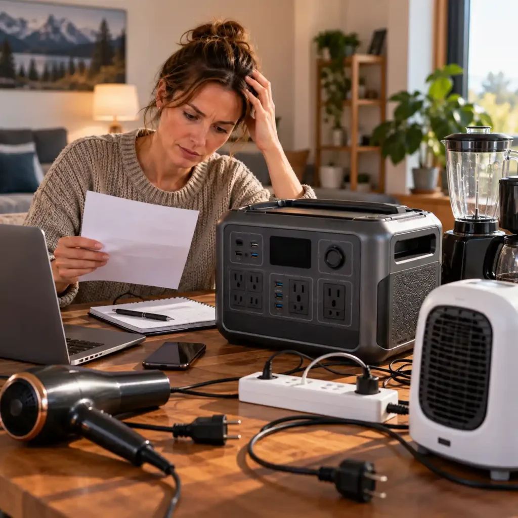 Portable power station surrounded by multiple household appliances and tangled power cords