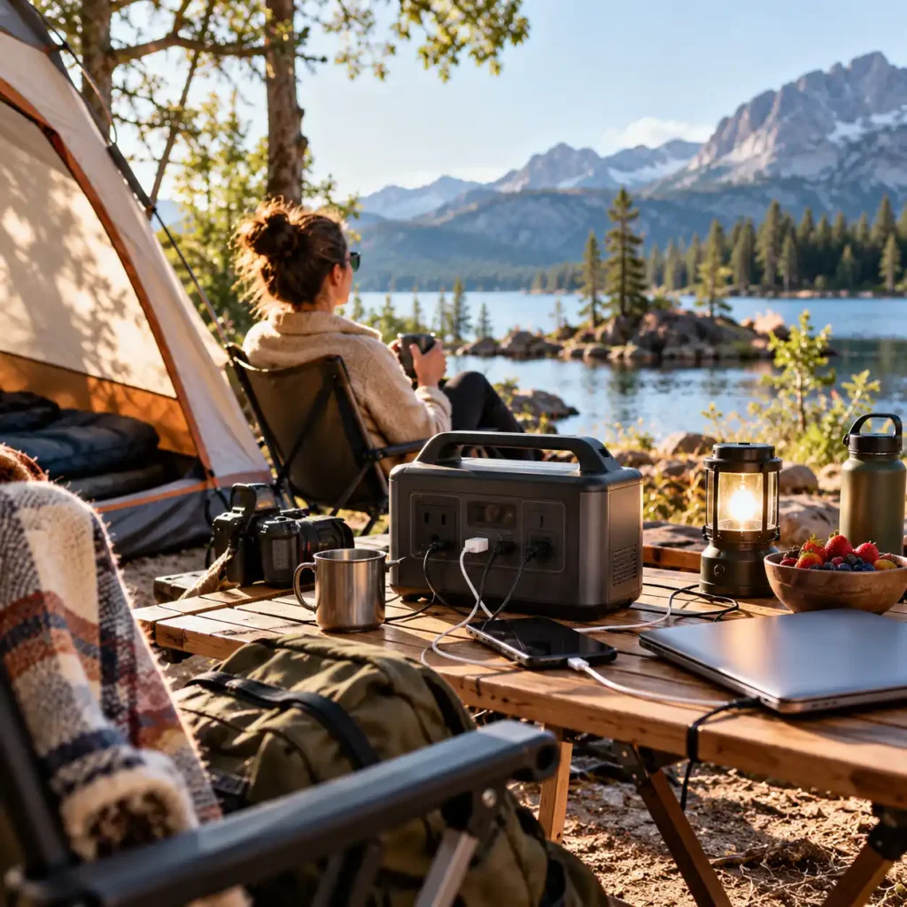 Portable power station charging a phone and laptop at a lakeside tent campsite