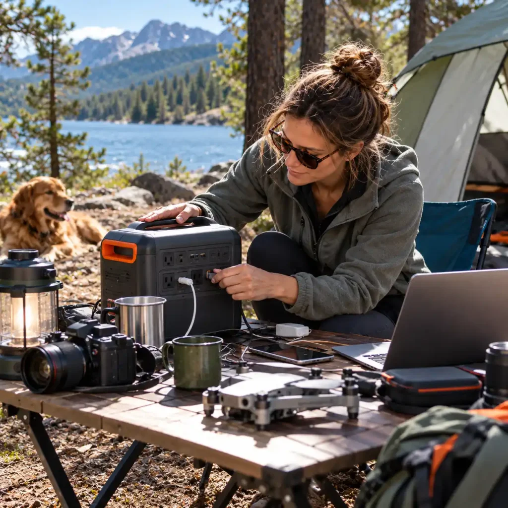 Woman connecting devices to a portable power station at a lakeside campsite