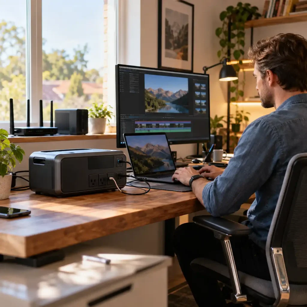 Man working at a home office with a portable power station connected to a laptop and monitor