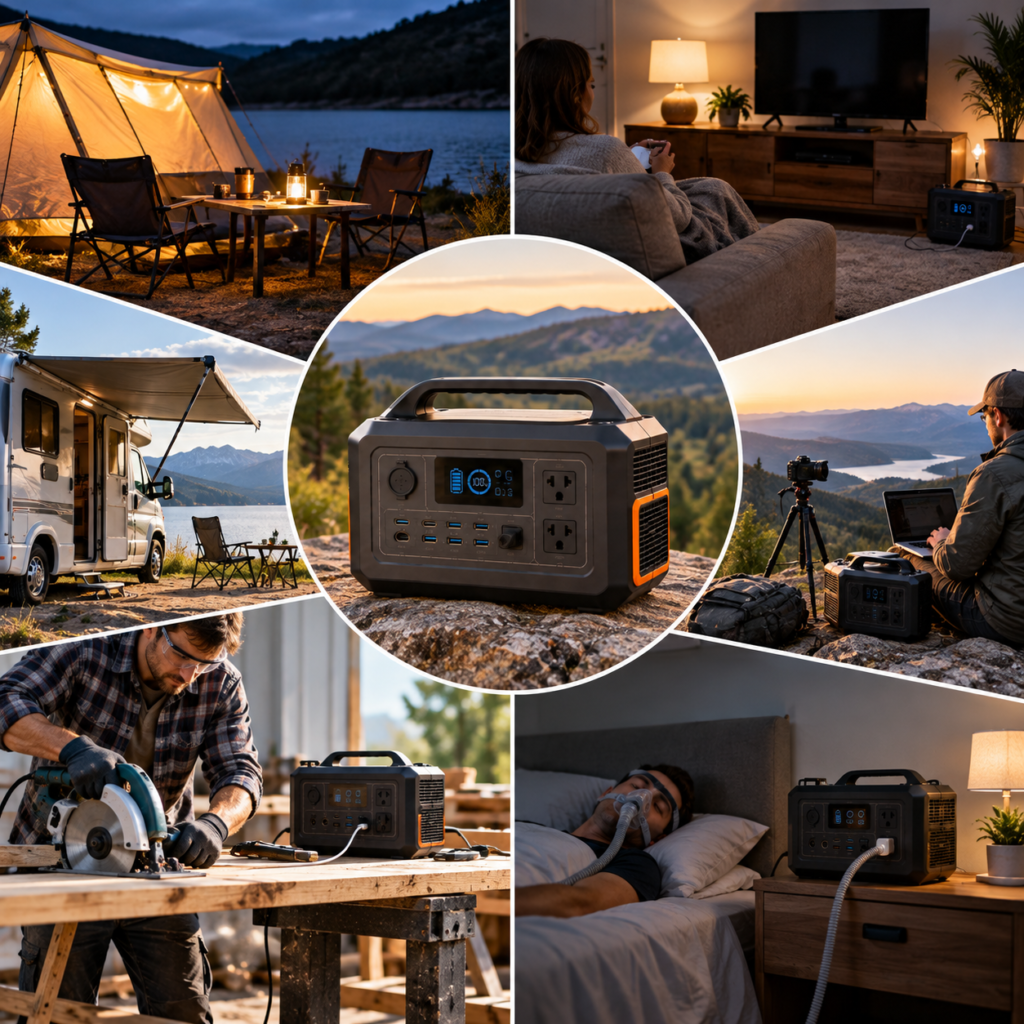 Portable power station used for camping, home backup, RV travel, photography, tools, and CPAP equipment