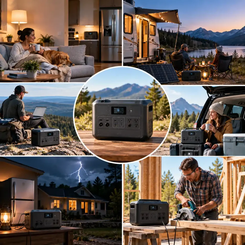 Portable power station used for home backup, RV camping, outdoor work, remote work, and emergency power
