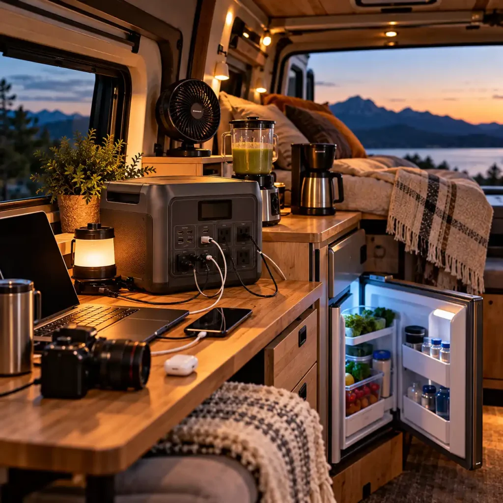 Portable power station connected to a laptop, phone, fan, blender, coffee maker, and refrigerator inside a camper van