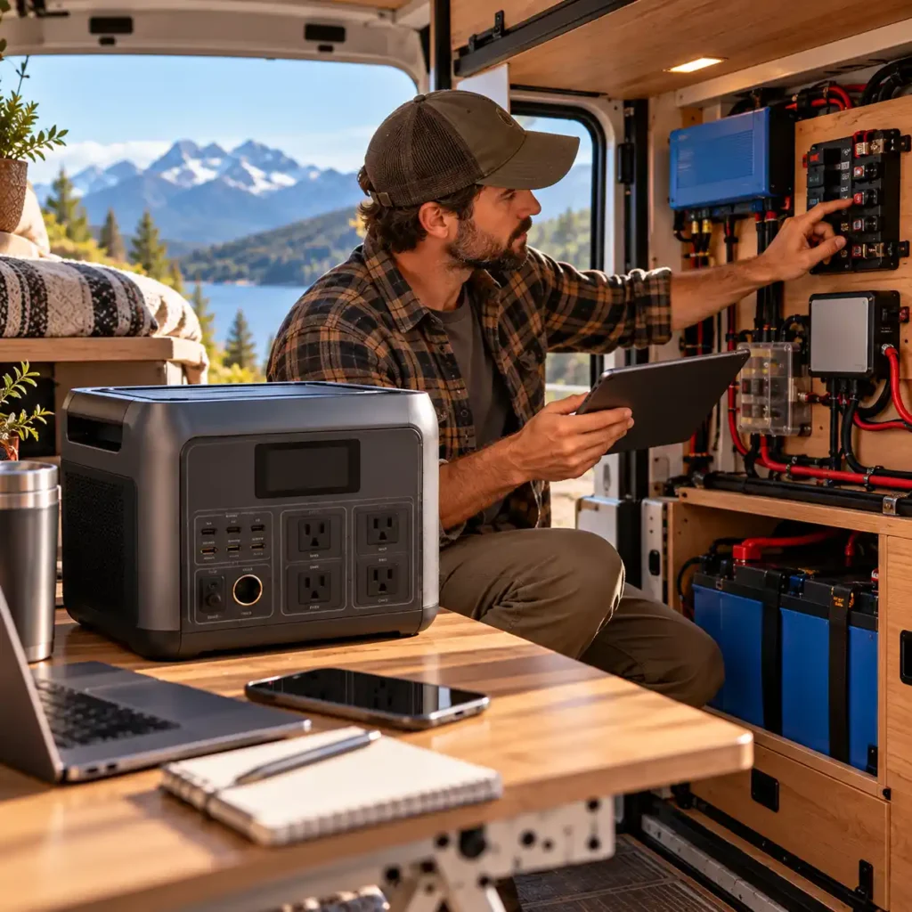 Man examining a built-in van electrical system beside a portable power station inside a camper van