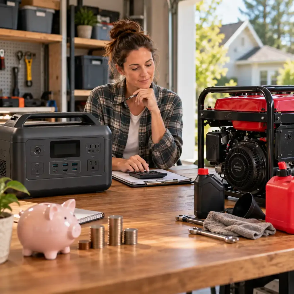 Woman comparing a portable power station and fuel generator with a calculator, tools, fuel containers, and coins on a workbench