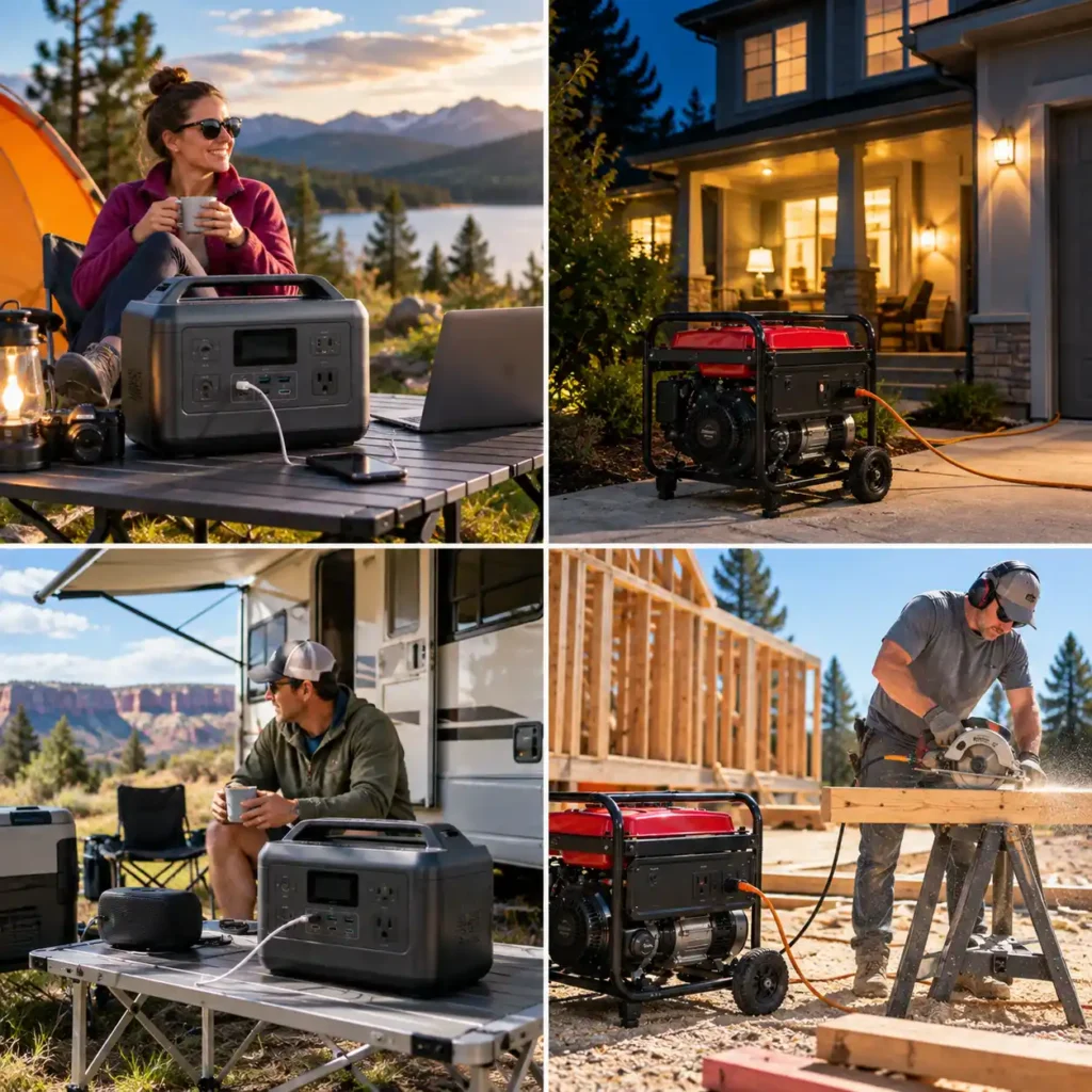 Collage showing a portable power station and fuel generator used for camping, home backup, RV travel, and construction work