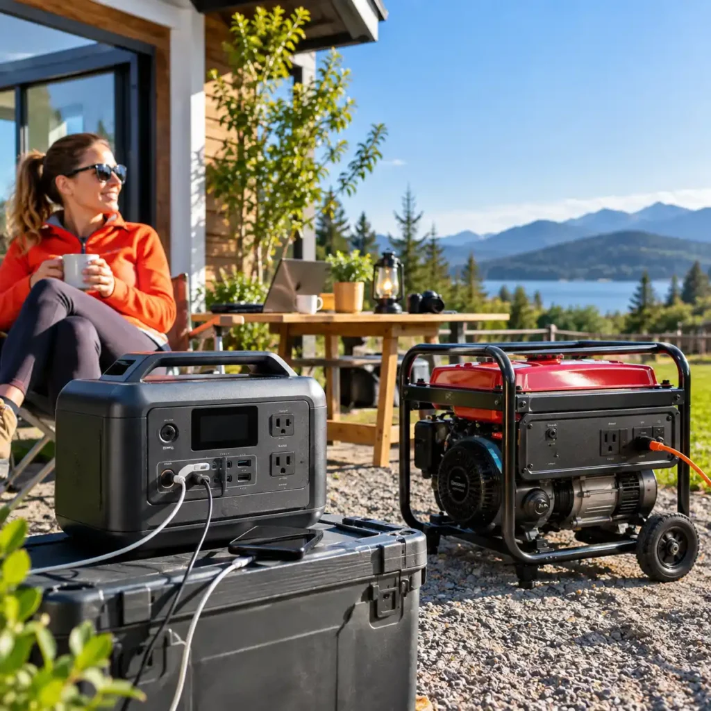 Portable power station and fuel generator set up outdoors beside a house with a woman sitting nearby