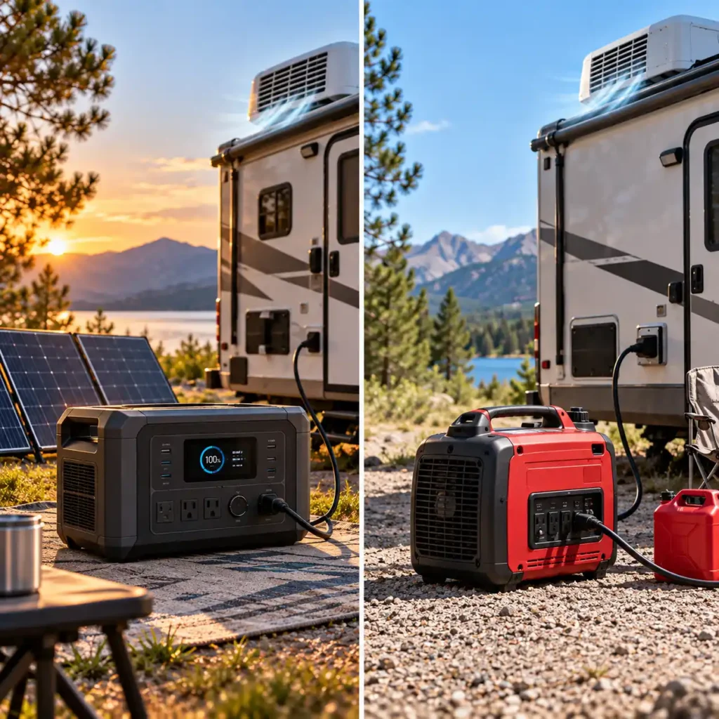 Portable power station with solar panels and inverter generator connected to an RV with a rooftop air conditioner