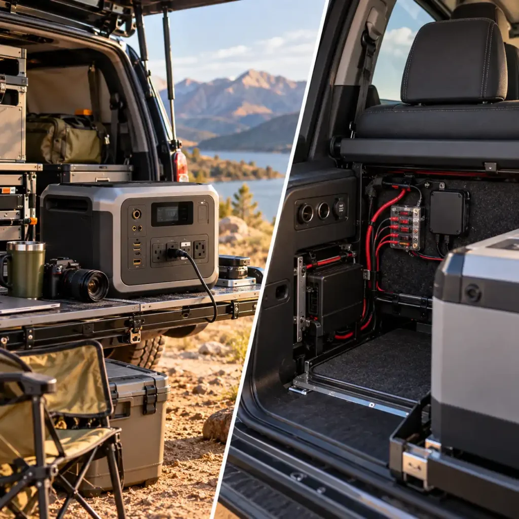 Portable power station beside an open SUV and an installed 12V electrical system inside the vehicle