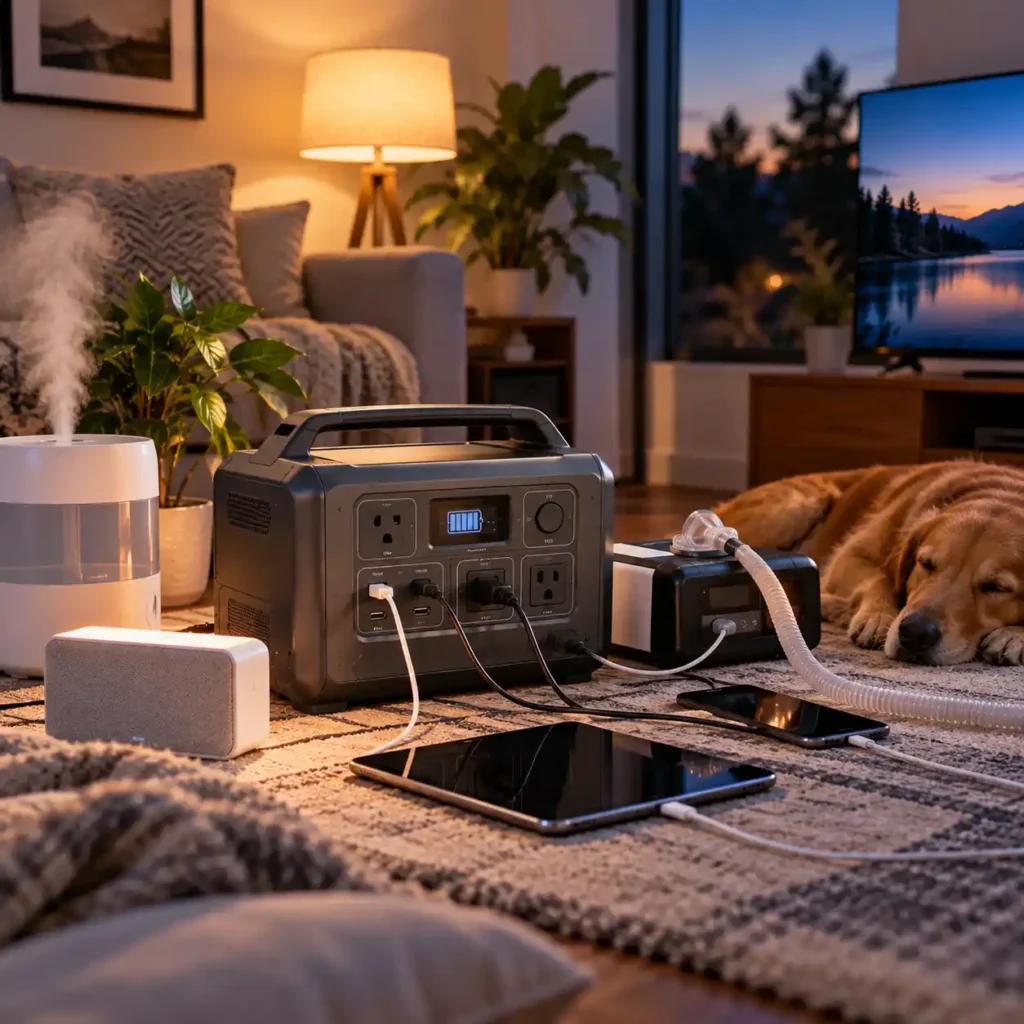 Portable power station powering a laptop, fan, lamp, phone, and other electronics during an evening at home