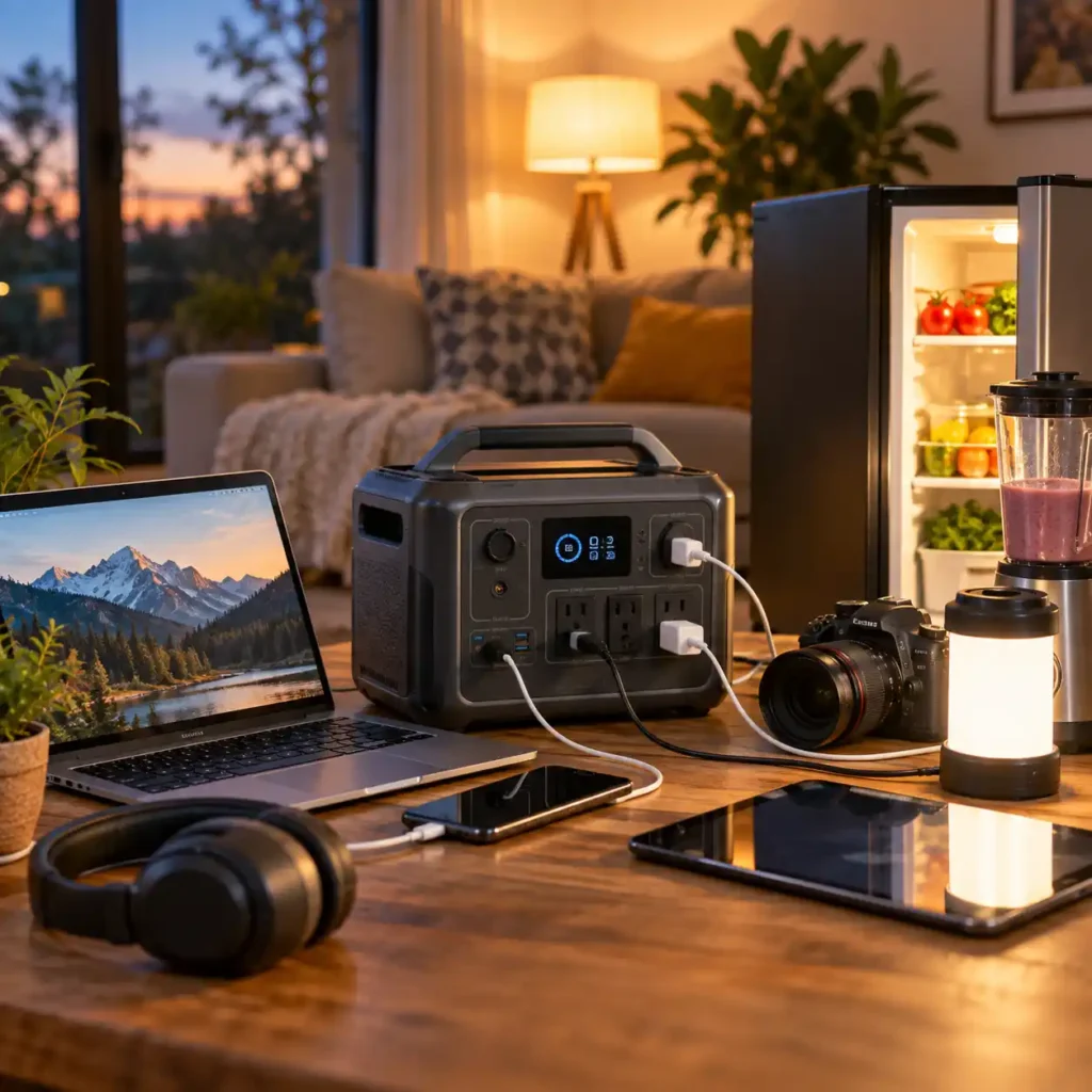 Portable power station powering a laptop, smartphone, camera, refrigerator, and other electronic devices