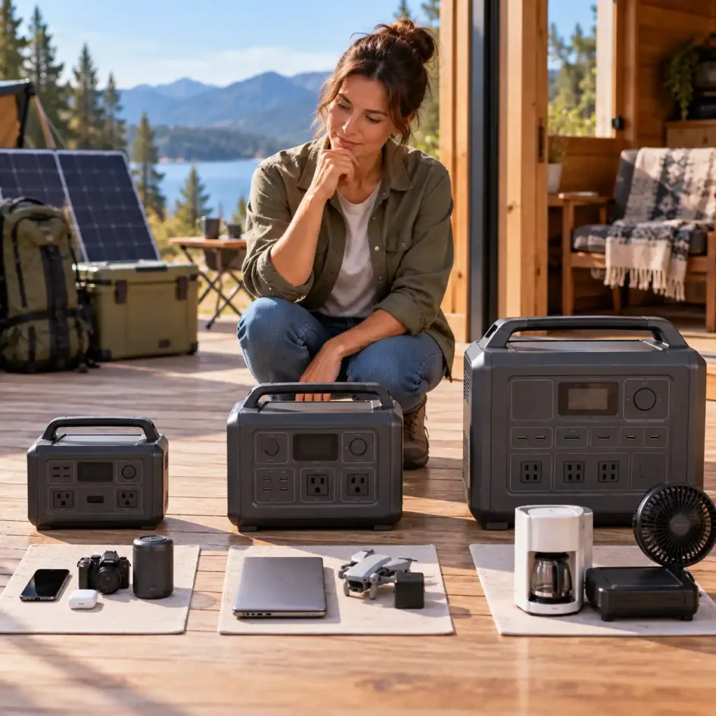 Three portable power stations in different sizes arranged beside devices for light, medium, and heavy power needs