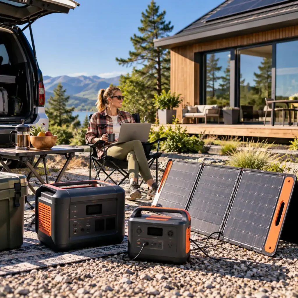 Woman using a laptop outdoors with two portable power stations and a foldable solar panel beside a modern home