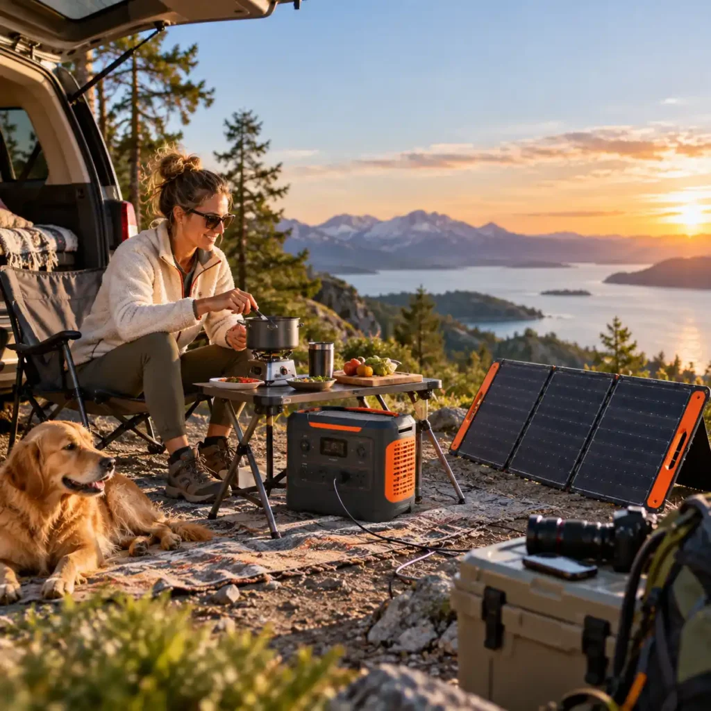 Woman camping by a mountain lake with a portable power station, solar panels, laptop, and camping gear