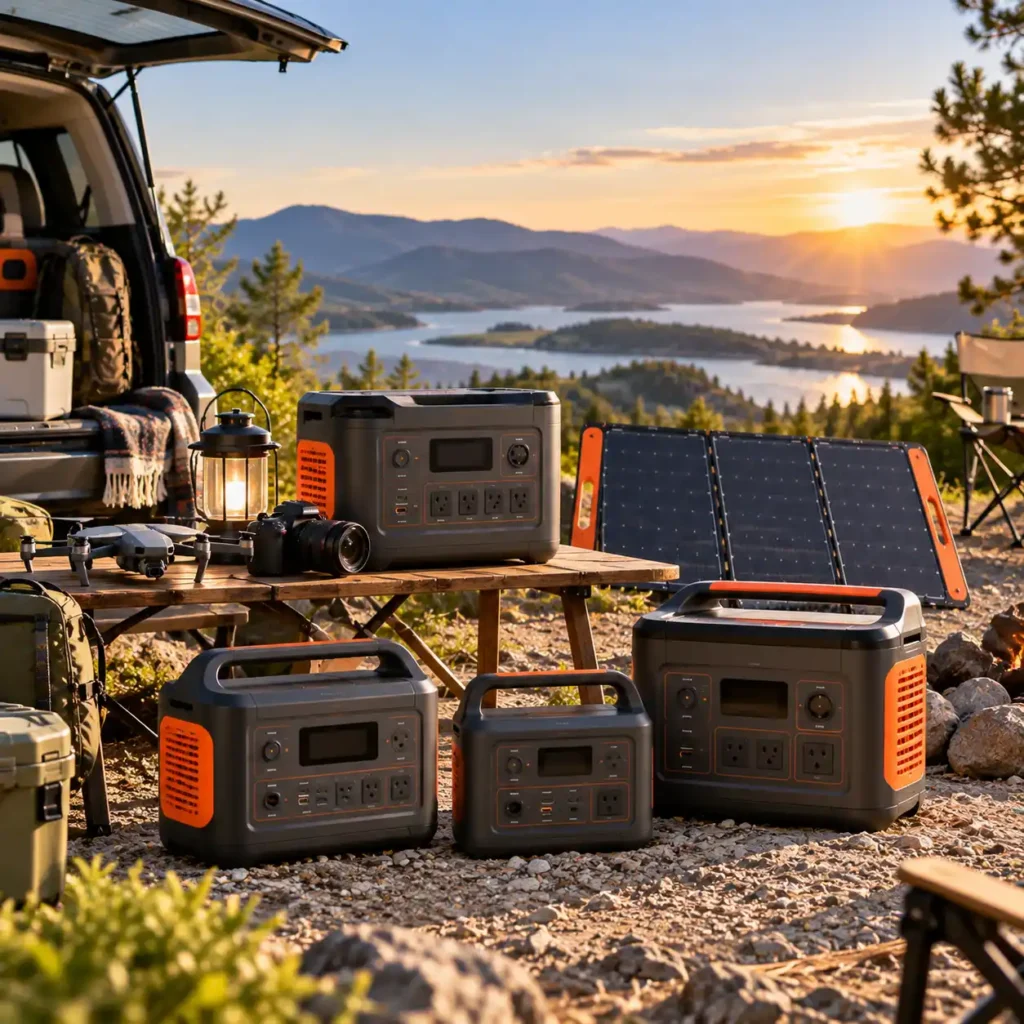 Several portable power stations and a foldable solar panel arranged at a lakeside outdoor campsite