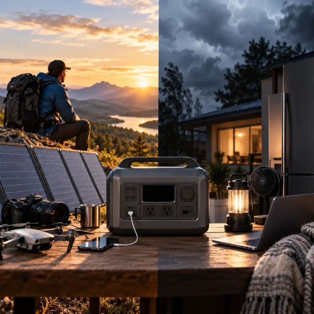 Portable power station with solar panels and connected devices shown in outdoor and home settings