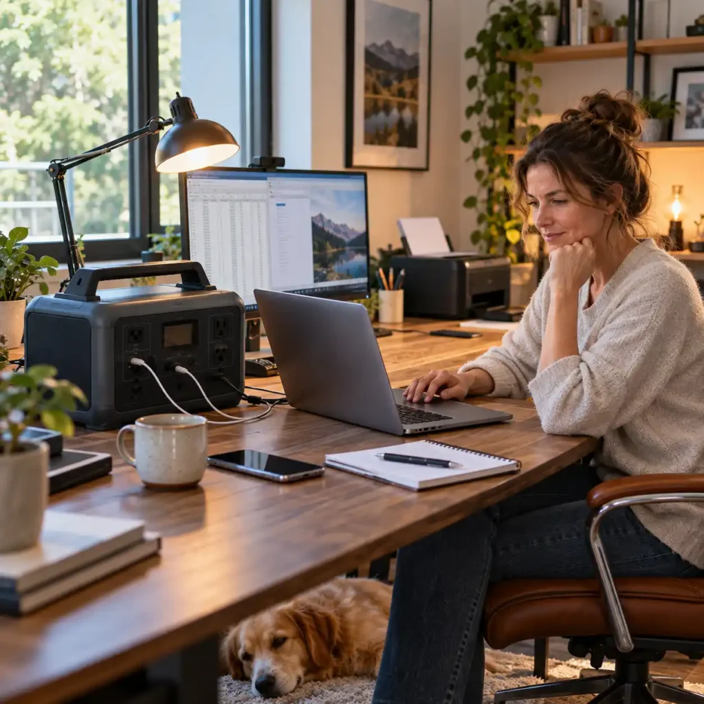 Woman working at a home office desk with a laptop, monitor, printer, phone, and portable power station