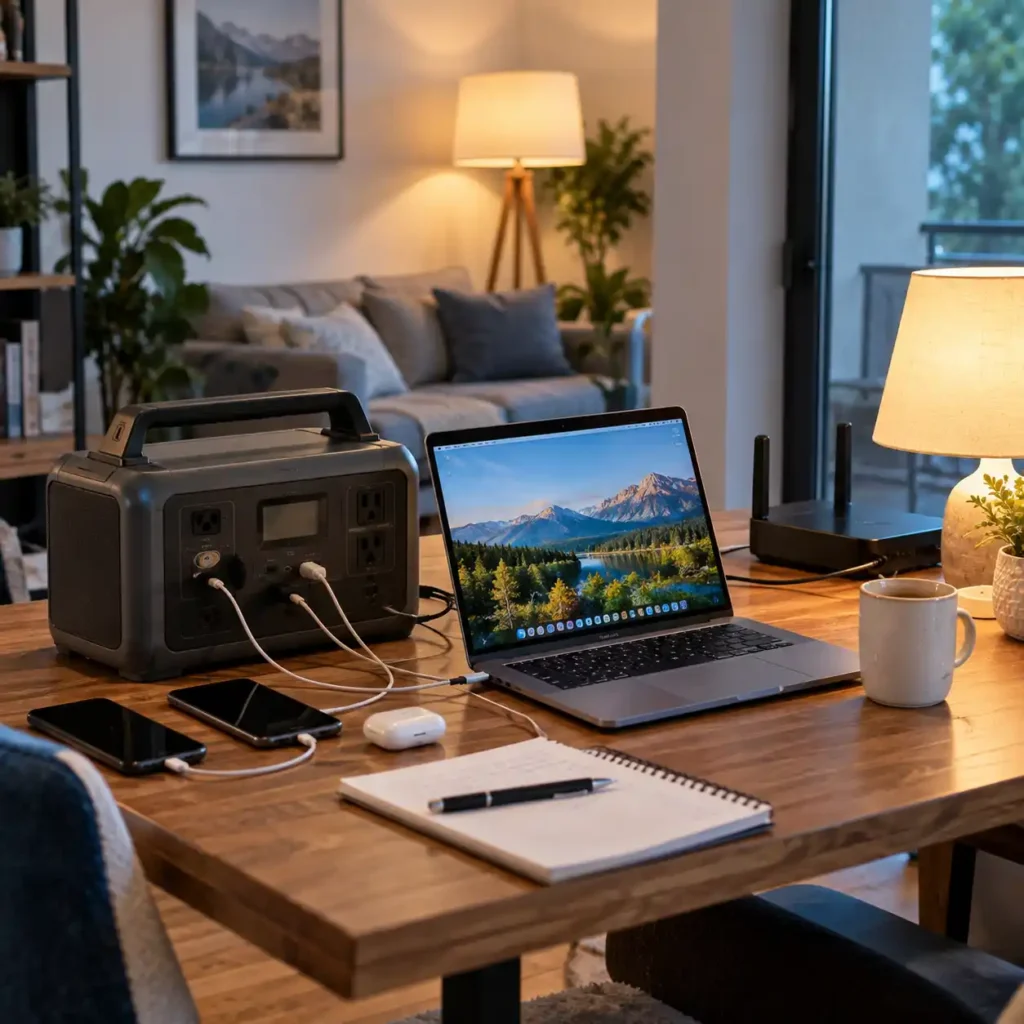 Home office desk with a portable power station powering a laptop, router, smartphones, and other electronics