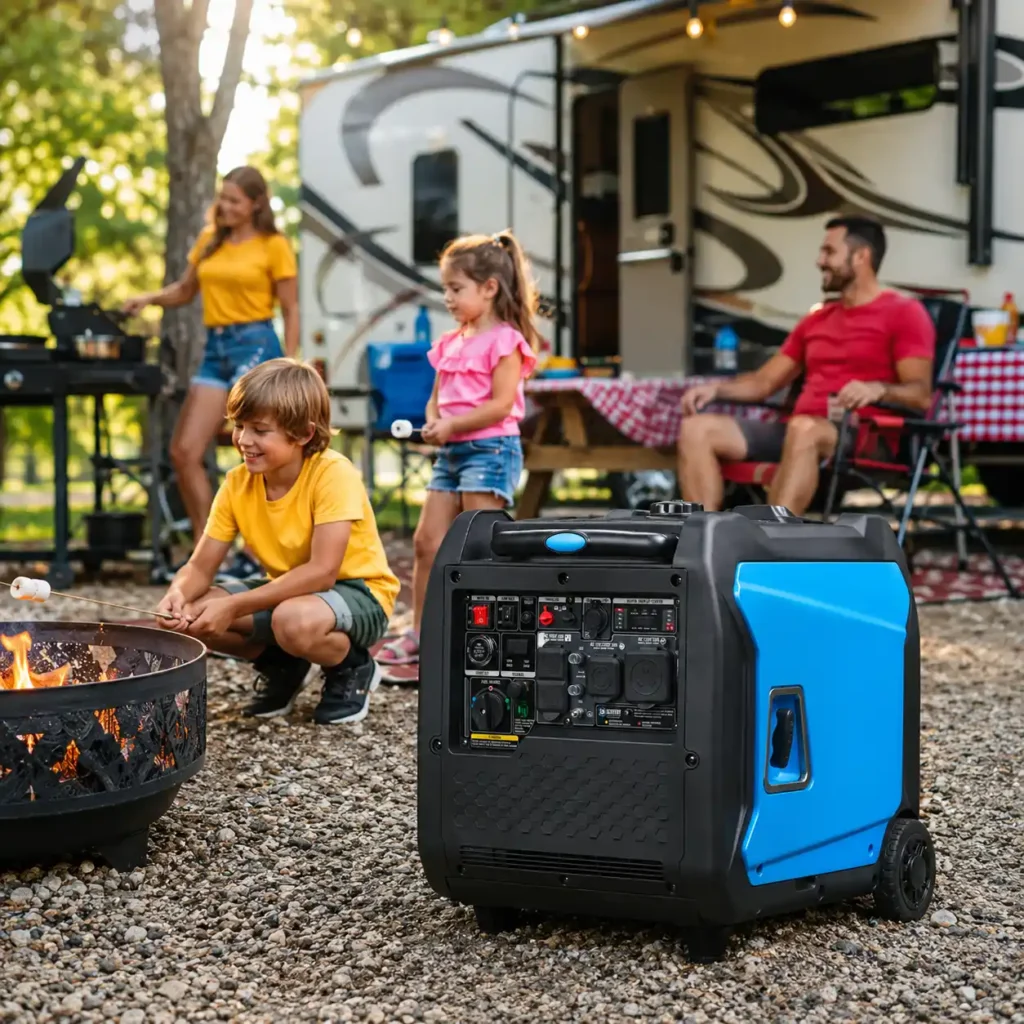 Pulsar PGDA70BiSCO portable inverter generator powering an RV campsite with a family outdoors