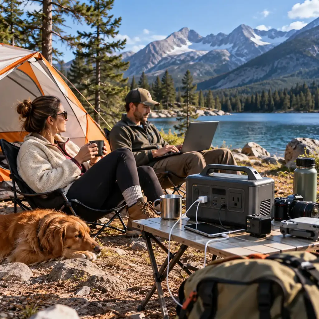 Two campers relaxing beside a tent while a portable power station charges a phone at a mountain lake campsite
