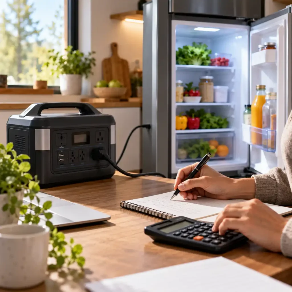 Refrigerator connected to a portable power station while calculating battery runtime