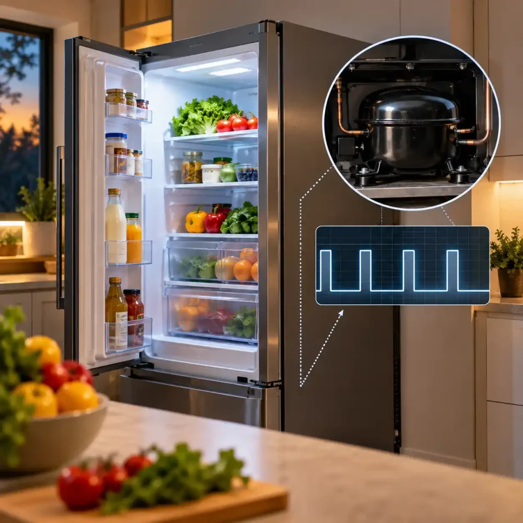 Refrigerator with compressor cycling illustration showing changes in average power consumption