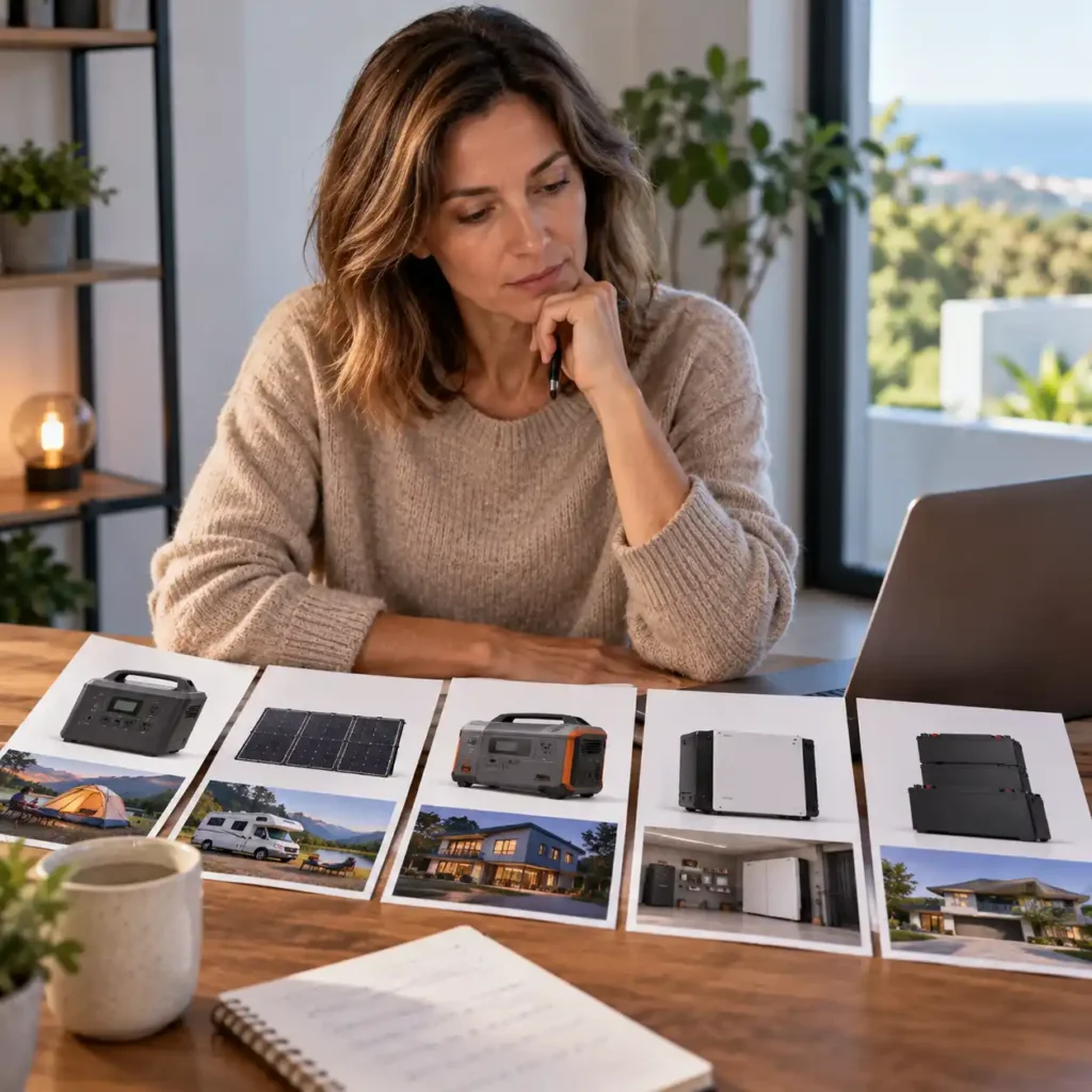 Woman comparing solar panels, portable power stations, inverters, and battery systems at a home office desk
