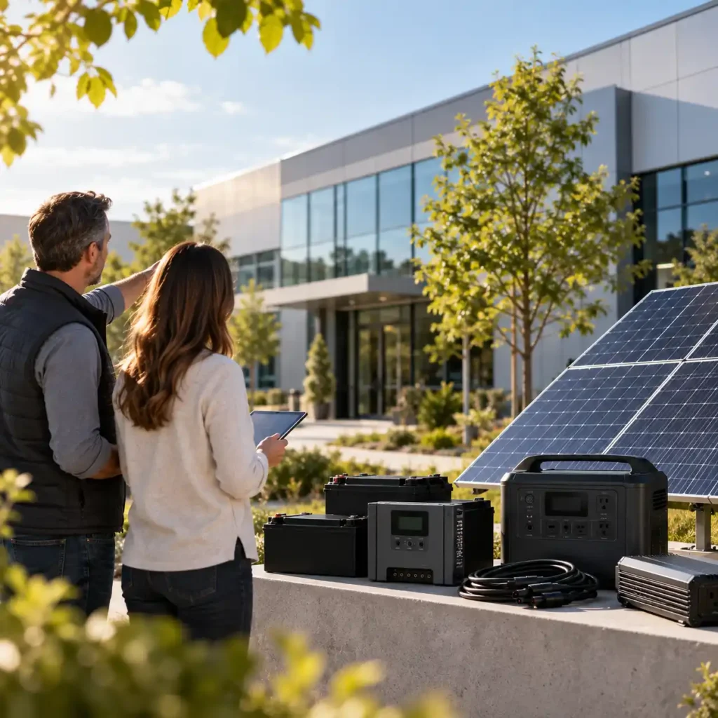 Two people viewing a solar energy system with solar panels, batteries, an inverter, and a portable power station outside a modern building